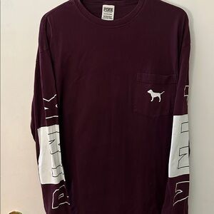 PINK Victoria's Secret Maroon Long-Sleeve Pocket Tee with White Sleeve Panels